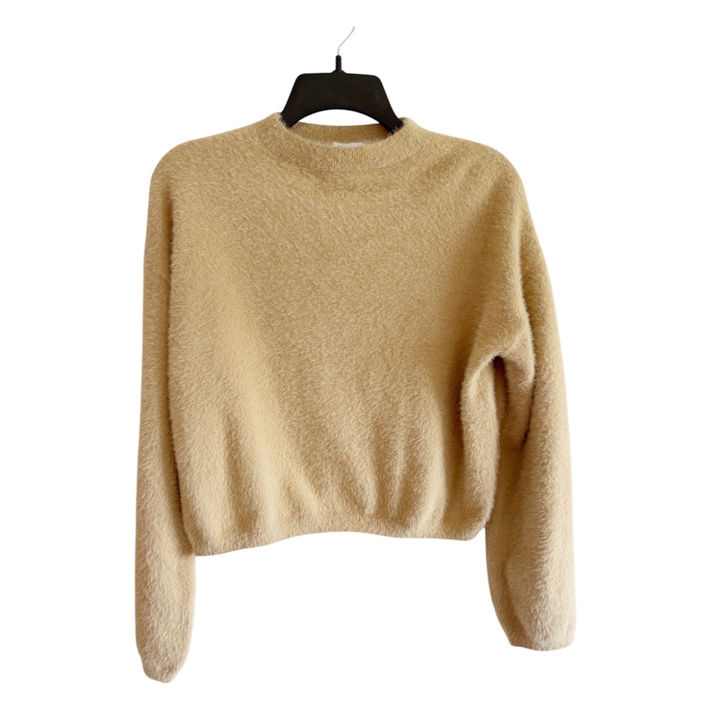 Princess Polly Tan Fuzzy Eyelash Knit Cropped Crewneck Coquette Sweater XS/S